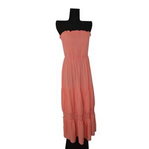 Smocked Ruffled Tier Tube Maxi Dress Coral Color Size Small NWT